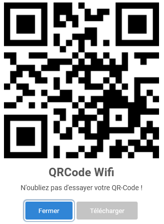 Panel animateur de PicturWall, page paramètres, section projecteur, connexion au wifi via QR-Code, confirmation du QRCode.