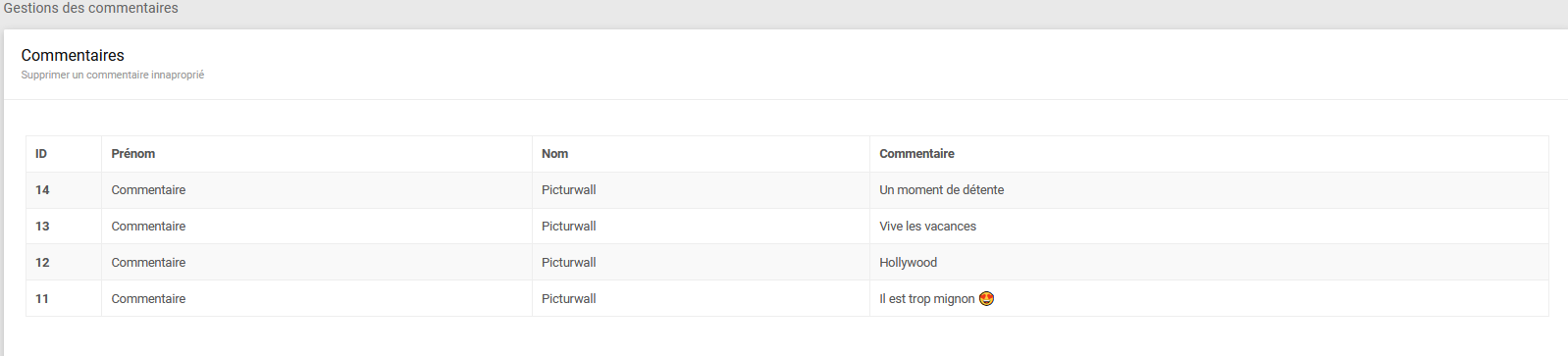 Panel animateur de PicturWall, page gestion des commentaires.