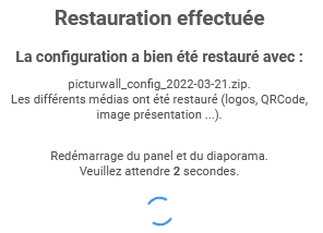 Panel animateur de PicturWall, page paramètres, section avancé, charger une configuration, paramètres chargés.