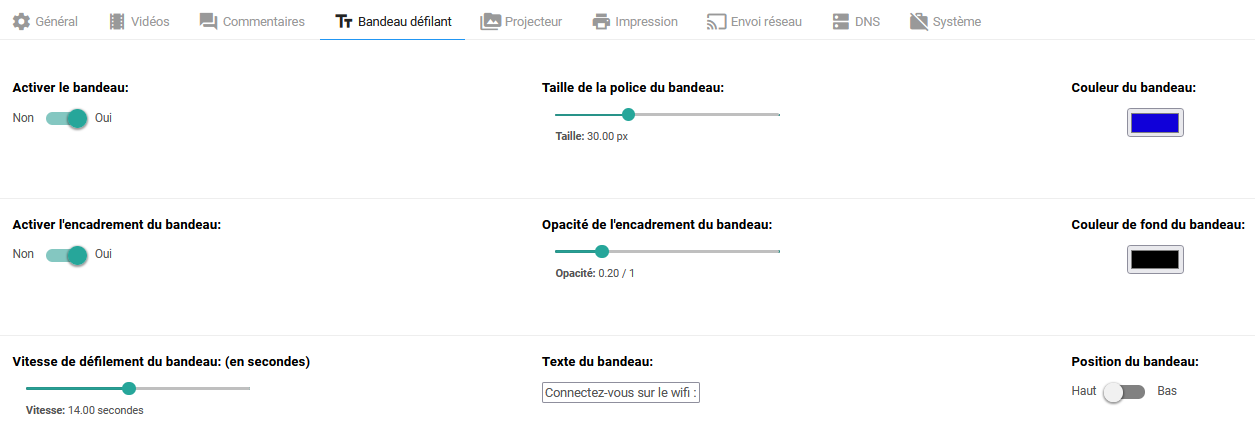Paramètre: Rubrique bandeau défilant.