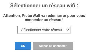 Panel animateur de PicturWall, page paramètres, section système, connexion à un réseau wifi.