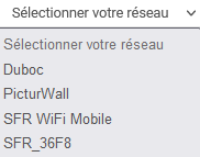 Panel animateur de PicturWall, page paramètres, section système, connexion à un réseau wifi, liste réseaux disponibles.