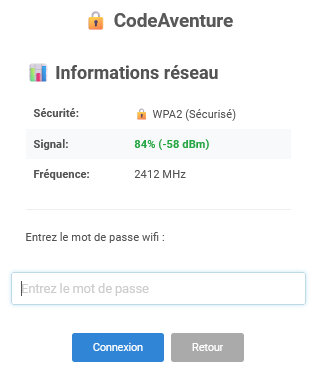 Panel animateur de PicturWall, page paramètres, section système, connexion à un réseau wifi, entrer mot de passe réseau.